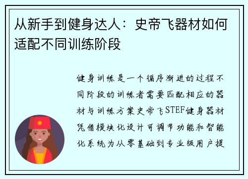 从新手到健身达人：史帝飞器材如何适配不同训练阶段