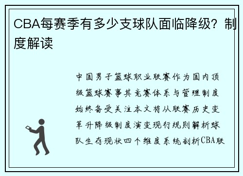 CBA每赛季有多少支球队面临降级？制度解读