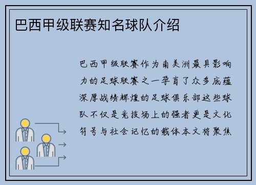 巴西甲级联赛知名球队介绍
